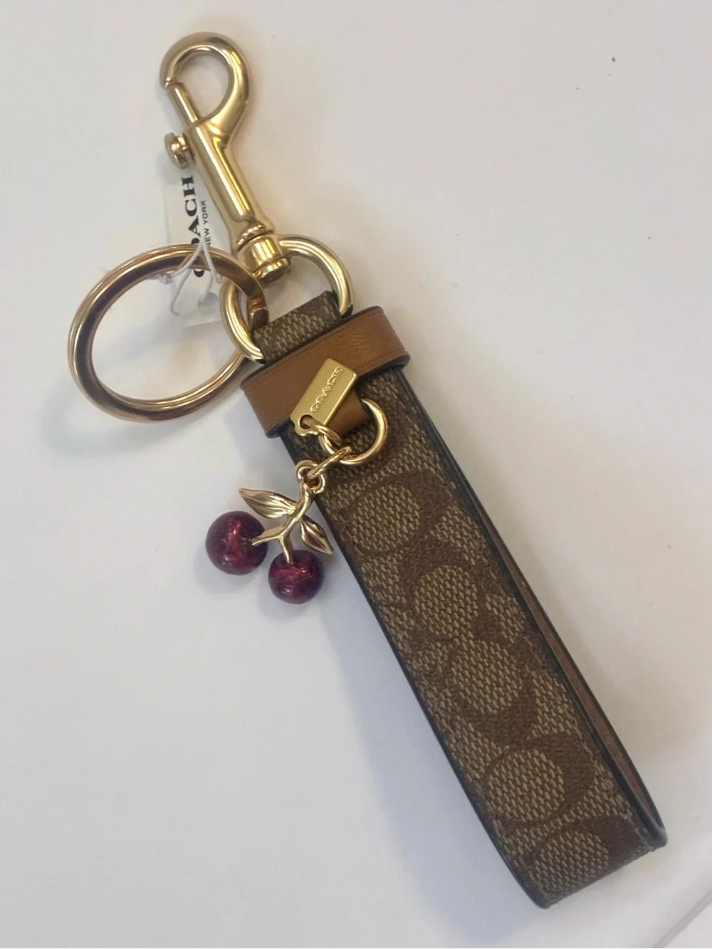 Coach Signature Trigger Snap Charm Loop Keychain Bag Charm With Dangling Cherry